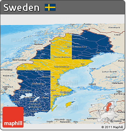 Flag Panoramic Map of Sweden, shaded relief outside, bathymetry sea, flag rotated