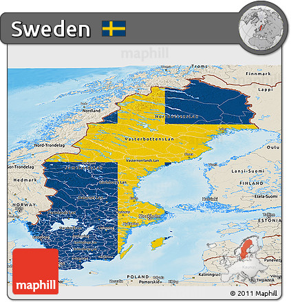 Flag Panoramic Map of Sweden, shaded relief outside, flag aligned to the middle