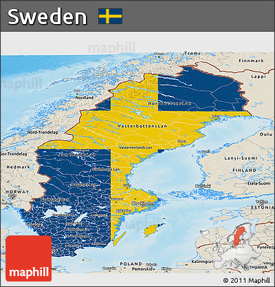 Flag Panoramic Map of Sweden, shaded relief outside, flag aligned to the middle