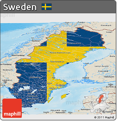 Flag Panoramic Map of Sweden, shaded relief outside, flag aligned to the middle