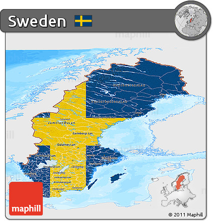 Flag Panoramic Map of Sweden, single color outside, bathymetry sea, flag centered