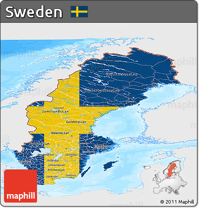 Flag Panoramic Map of Sweden, single color outside, bathymetry sea, flag centered