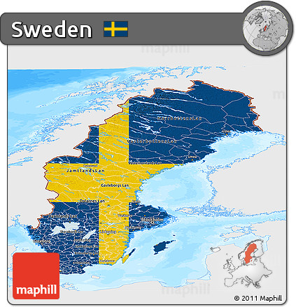 Flag Panoramic Map of Sweden, single color outside, bathymetry sea