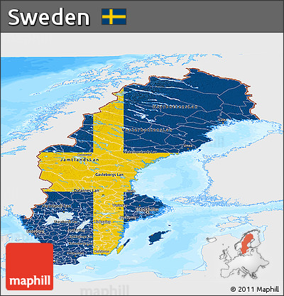 Flag Panoramic Map of Sweden, single color outside, bathymetry sea
