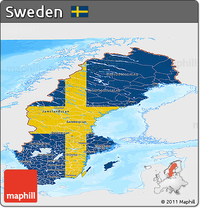 Flag Panoramic Map of Sweden, single color outside, bathymetry sea