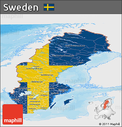 Flag Panoramic Map of Sweden, single color outside, bathymetry sea, shaded relief sea, flag centered