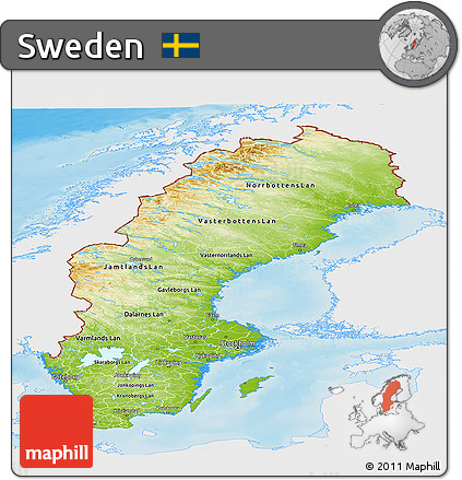 Physical Panoramic Map of Sweden, single color outside