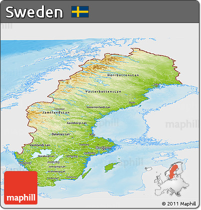 Physical Panoramic Map of Sweden, single color outside