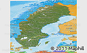 Satellite Panoramic Map of Sweden, political shades outside