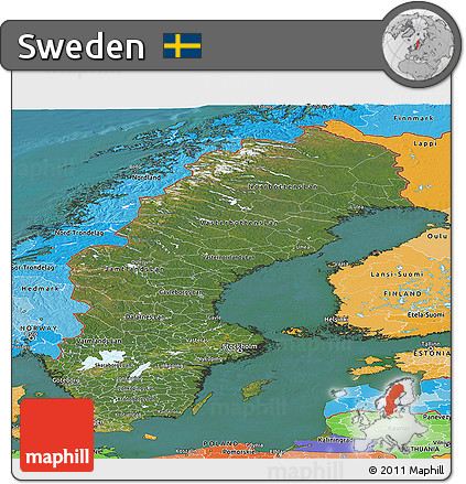Satellite Panoramic Map of Sweden, political shades outside, satellite sea
