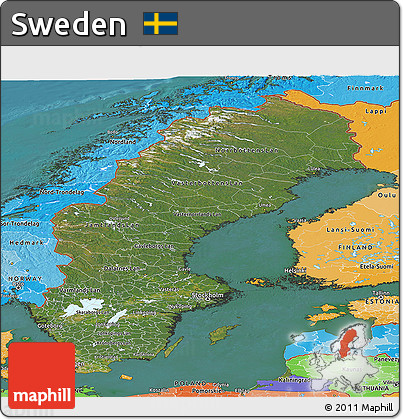 Satellite Panoramic Map of Sweden, political shades outside, satellite sea