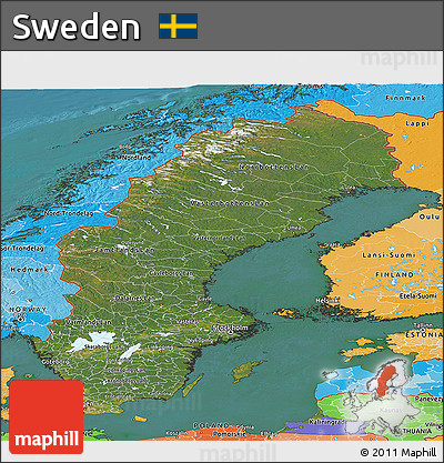 Satellite Panoramic Map of Sweden, political shades outside, satellite sea