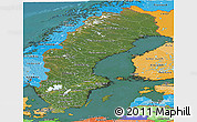 Satellite Panoramic Map of Sweden, political shades outside, satellite sea