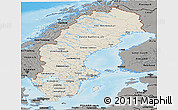 Shaded Relief Panoramic Map of Sweden, darken, semi-desaturated, land only