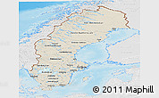 Shaded Relief Panoramic Map of Sweden, lighten, desaturated, land only