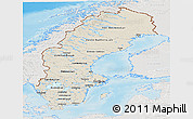 Shaded Relief Panoramic Map of Sweden, lighten, semi-desaturated, land only