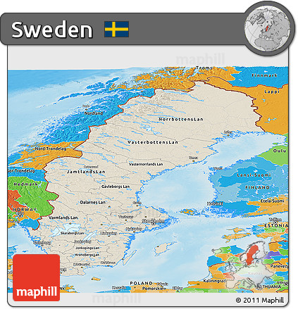 Shaded Relief Panoramic Map of Sweden, political outside, shaded relief sea