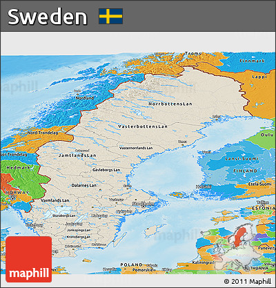 Shaded Relief Panoramic Map of Sweden, political outside, shaded relief sea