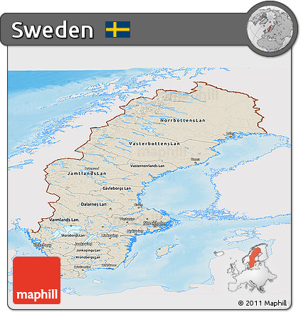 Shaded Relief Panoramic Map of Sweden, single color outside
