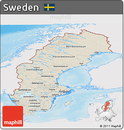 Shaded Relief Panoramic Map of Sweden, single color outside