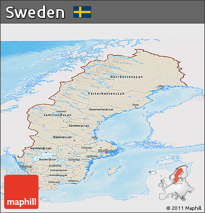 Shaded Relief Panoramic Map of Sweden, single color outside