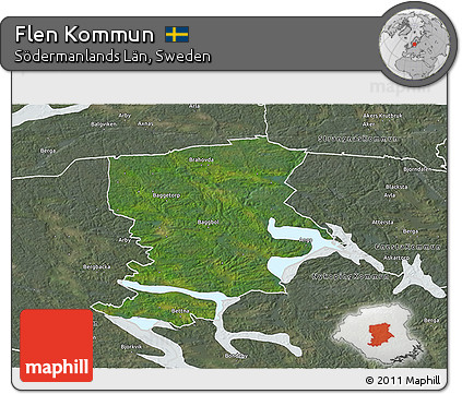 Satellite 3D Map of Flen Kommun, semi-desaturated