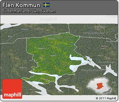 Satellite 3D Map of Flen Kommun, semi-desaturated