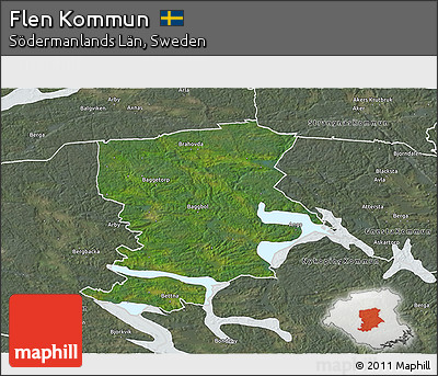 Satellite 3D Map of Flen Kommun, semi-desaturated