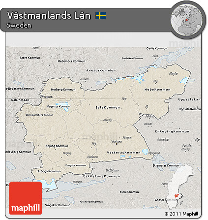 Shaded Relief 3D Map of Västmanlands Län, semi-desaturated
