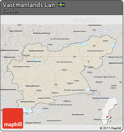 Shaded Relief 3D Map of Västmanlands Län, semi-desaturated