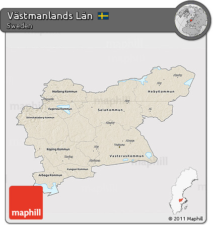 Shaded Relief 3D Map of Västmanlands Län, single color outside