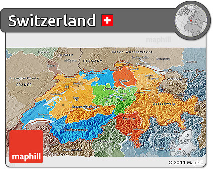 Political 3D Map of Switzerland, semi-desaturated
