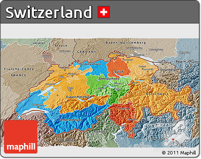 Political 3D Map of Switzerland, semi-desaturated