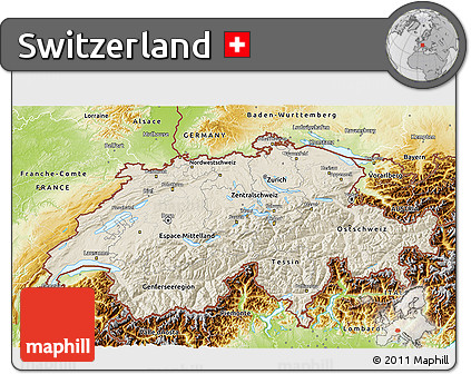 Shaded Relief 3D Map of Switzerland, physical outside