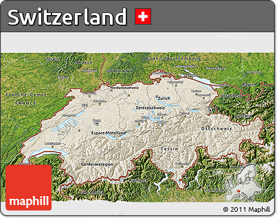 Shaded Relief 3D Map of Switzerland, satellite outside