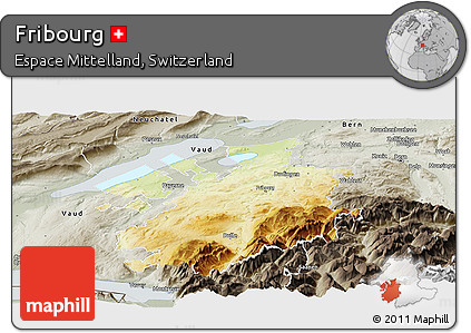 Physical Panoramic Map of Fribourg, semi-desaturated