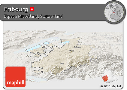 Shaded Relief Panoramic Map of Fribourg, lighten