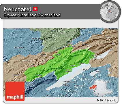 Political 3D Map of Neuchâtel, semi-desaturated
