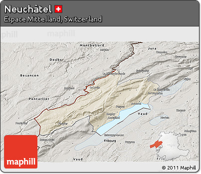 Shaded Relief 3D Map of Neuchâtel, semi-desaturated