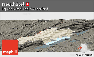 Shaded Relief Panoramic Map of Neuchâtel, darken