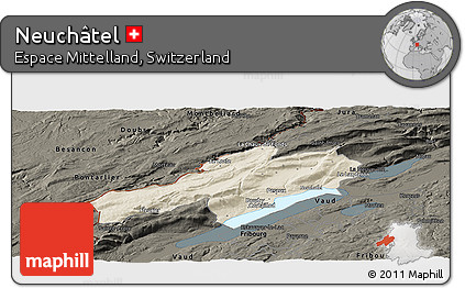 Shaded Relief Panoramic Map of Neuchâtel, darken