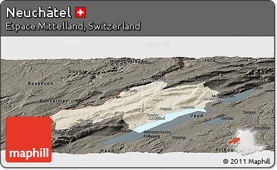 Shaded Relief Panoramic Map of Neuchâtel, darken