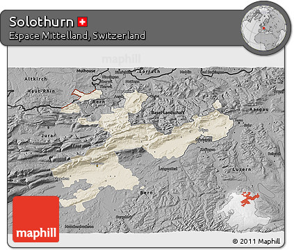 Shaded Relief 3D Map of Solothurn, darken, desaturated