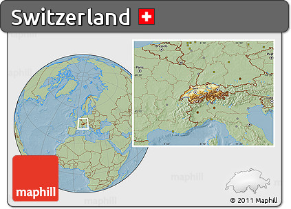 Physical Location Map of Switzerland, savanna style outside, hill shading