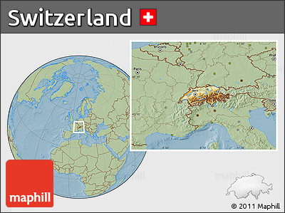 Physical Location Map of Switzerland, savanna style outside, hill shading