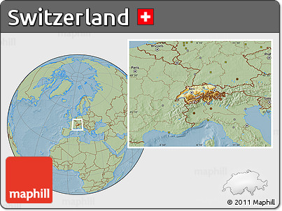 Physical Location Map of Switzerland, savanna style outside, hill shading