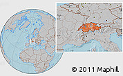 Political Location Map of Switzerland, gray outside, hill shading