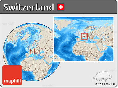 Shaded Relief Location Map of Switzerland, within the entire continent