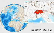 Shaded Relief Location Map of Switzerland, highlighted continent