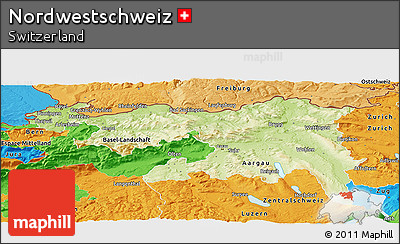 Physical Panoramic Map of Nordwestschweiz, political outside